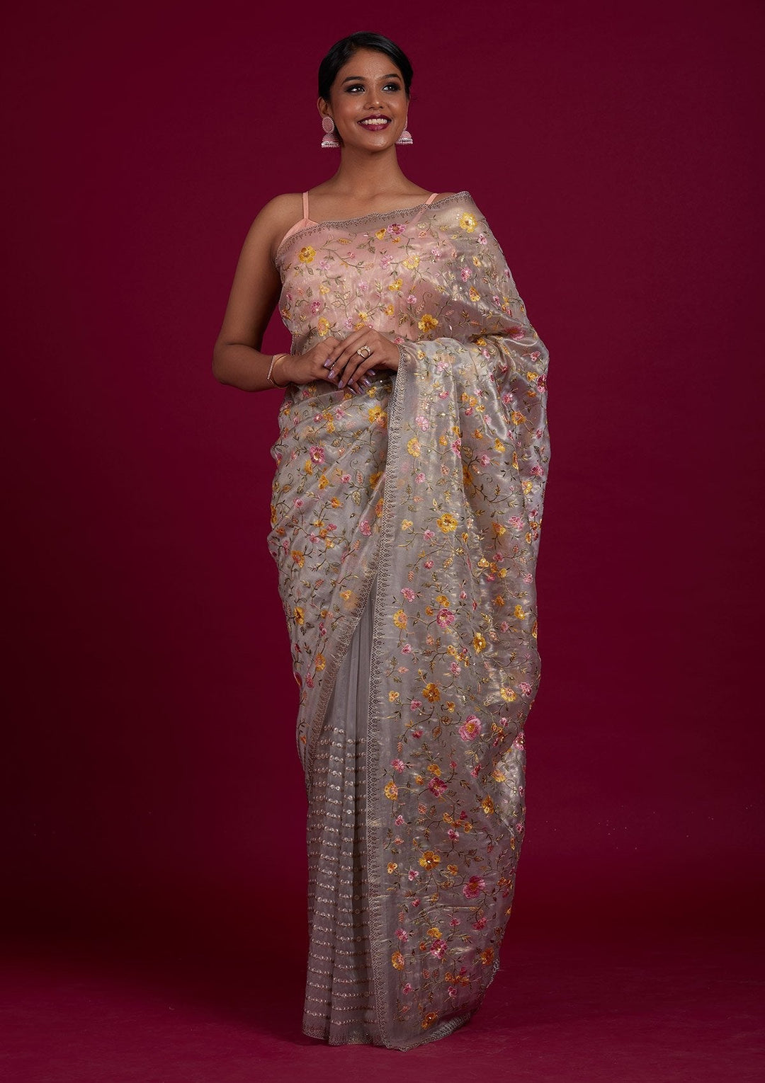 Light Grey Threadwork Tissue Designer Saree - Koskii