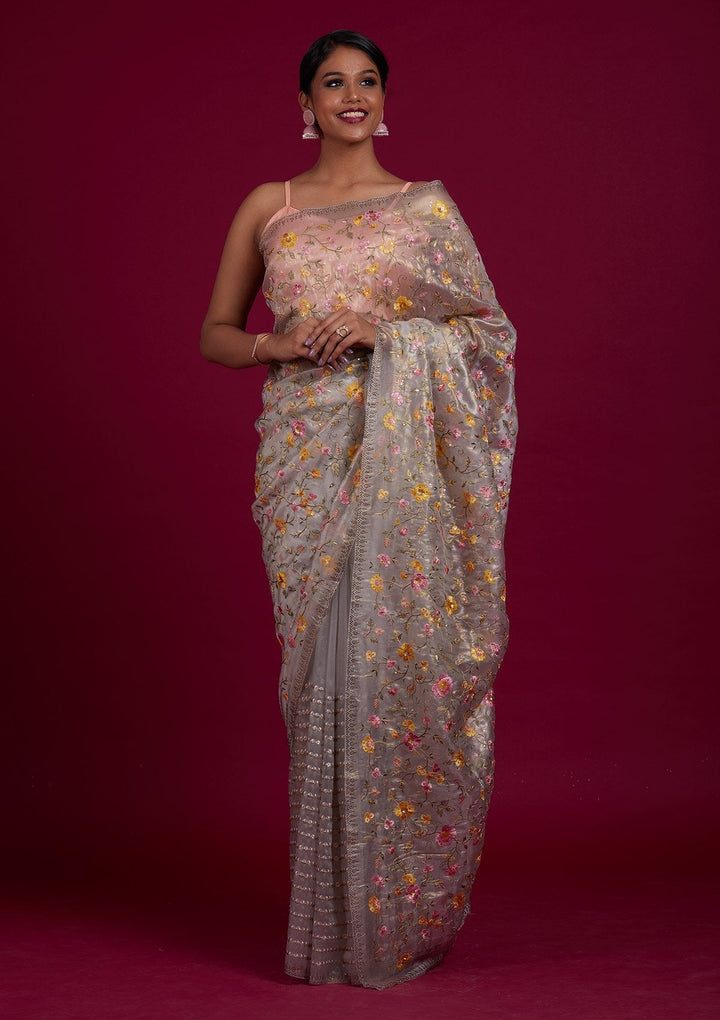 Light Grey Threadwork Tissue Designer Saree - Koskii