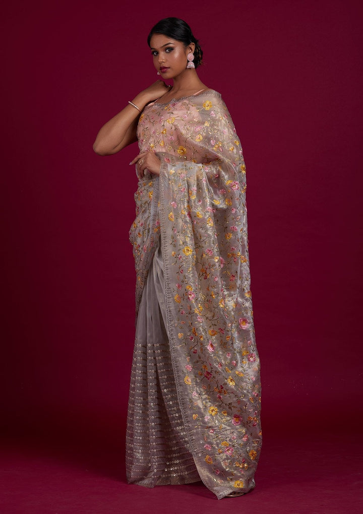 Light Grey Threadwork Tissue Designer Saree - Koskii
