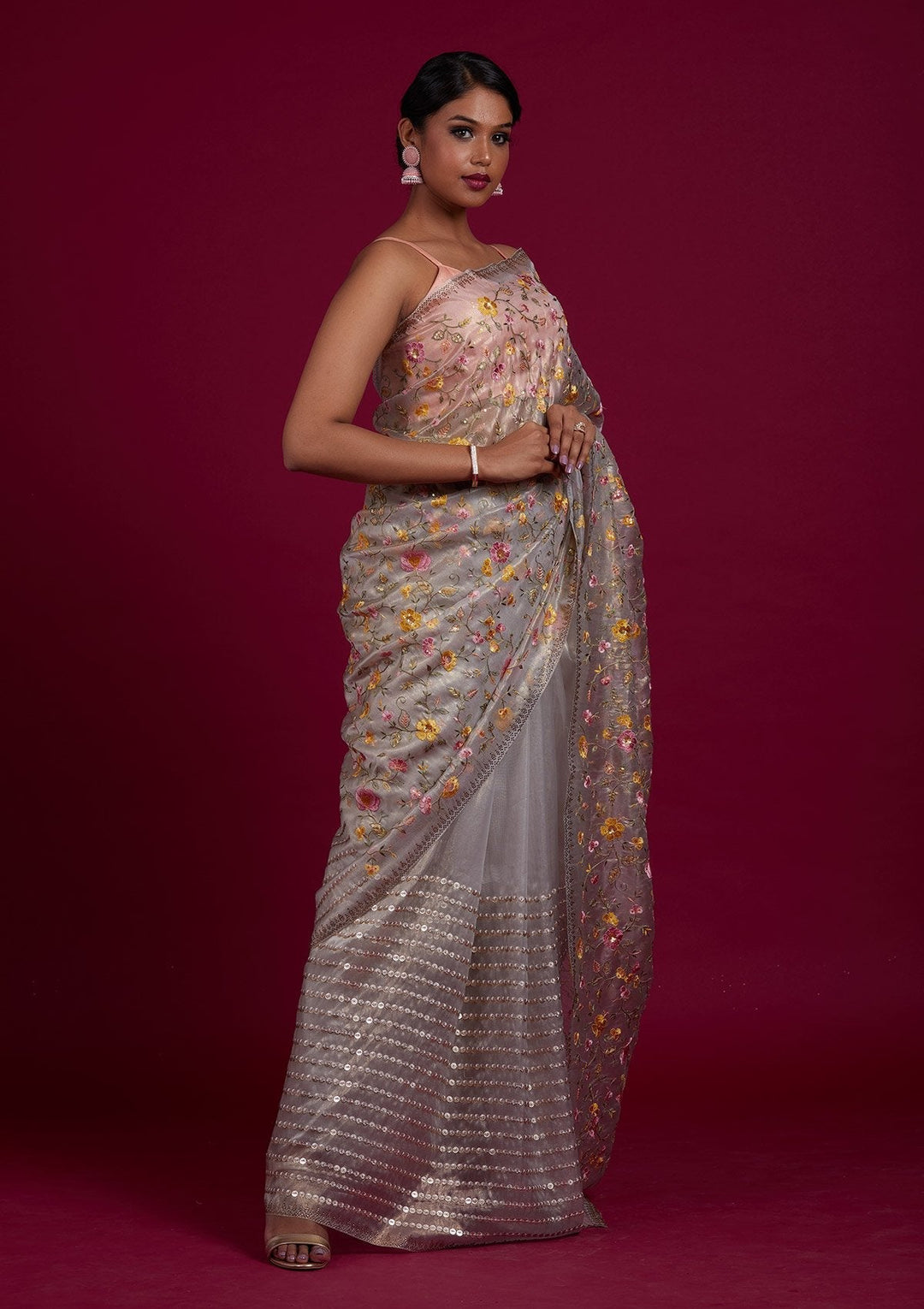 Light Grey Threadwork Tissue Designer Saree - Koskii