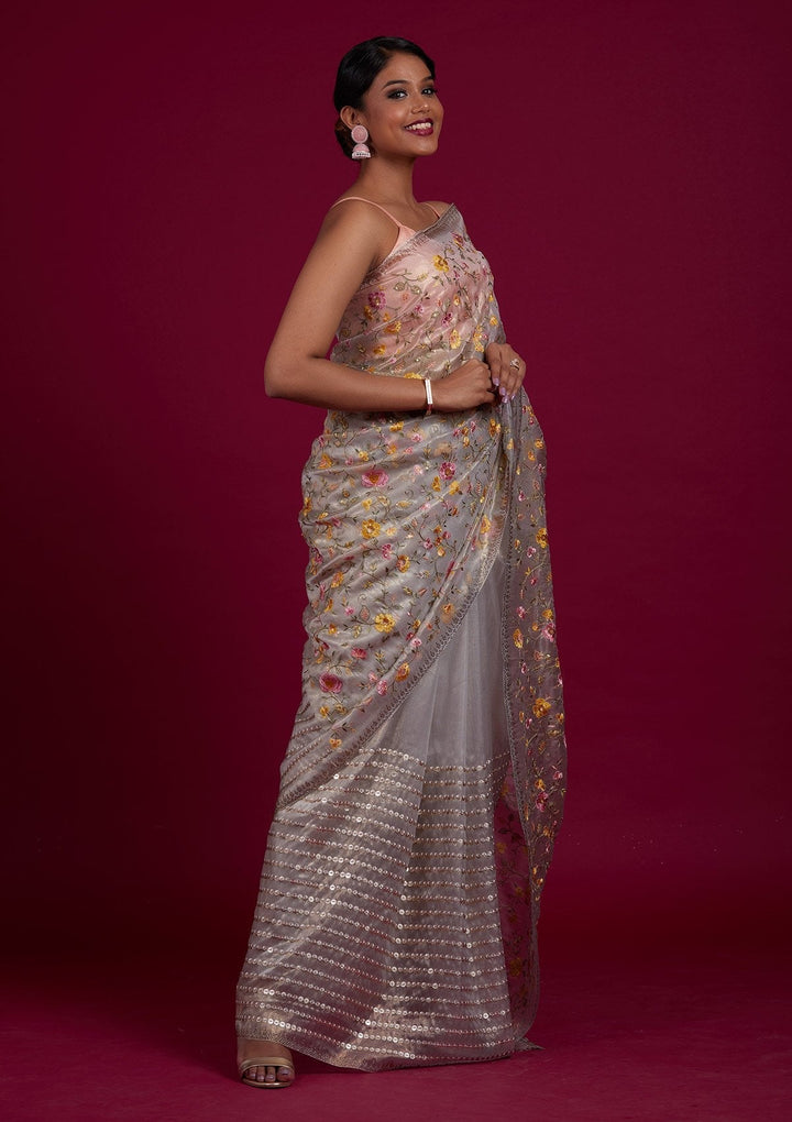 Light Grey Threadwork Tissue Designer Saree - Koskii