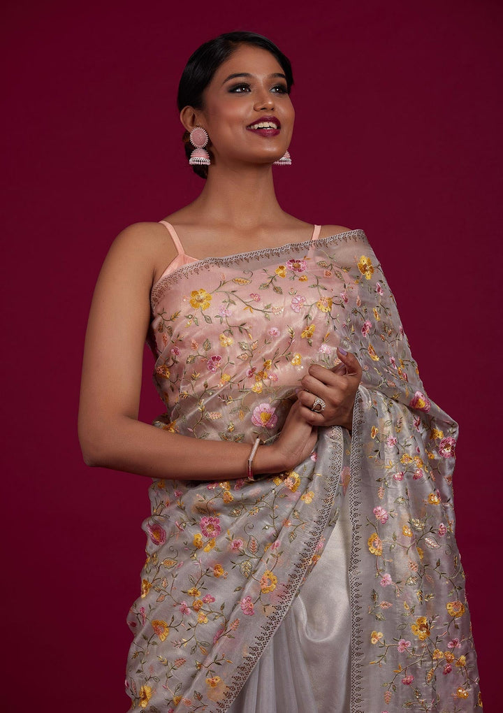 Light Grey Threadwork Tissue Designer Saree - Koskii