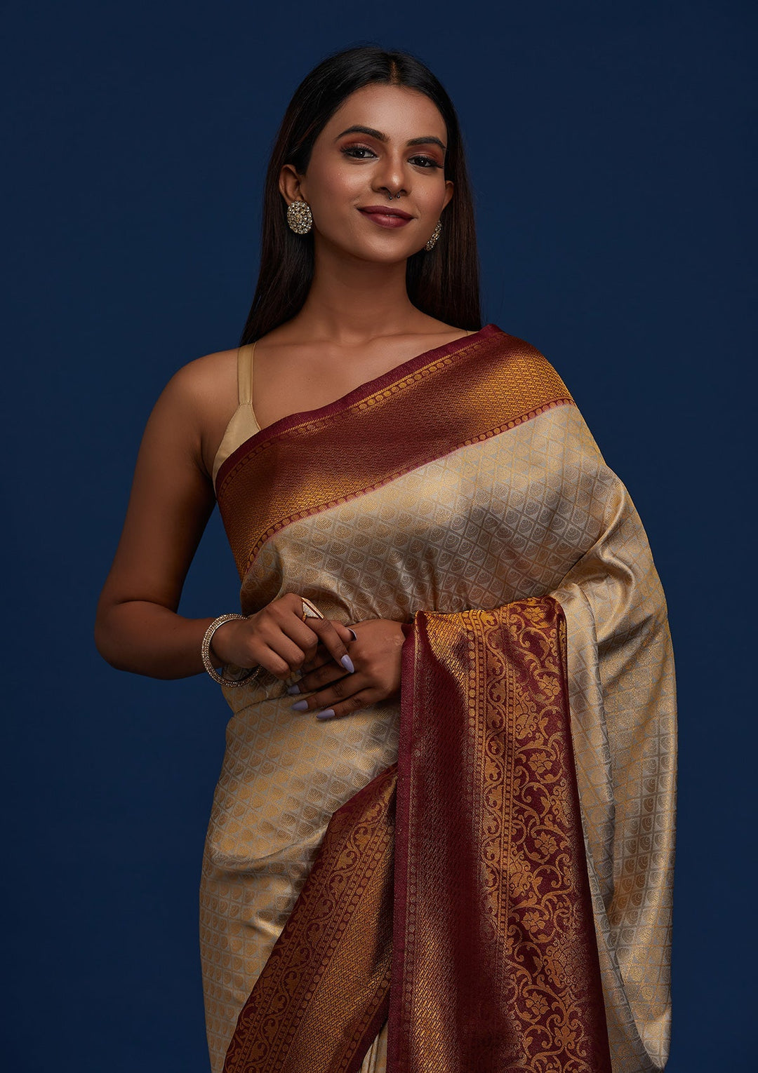 Light Grey Zariwork Art Silk Designer Saree - Koskii