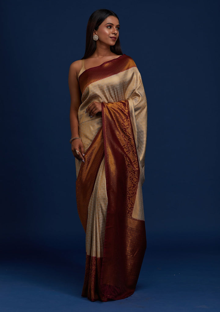 Light Grey Zariwork Art Silk Designer Saree - Koskii