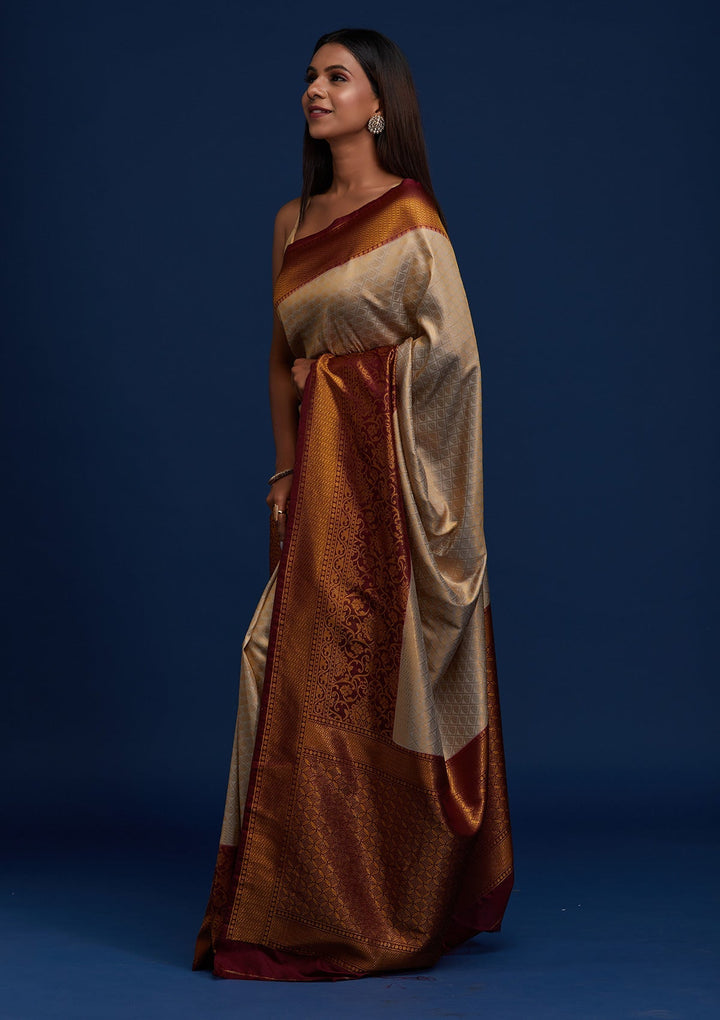 Light Grey Zariwork Art Silk Designer Saree - Koskii