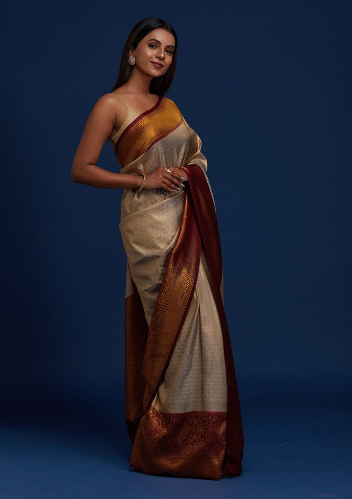 Light Grey Zariwork Art Silk Designer Saree - Koskii