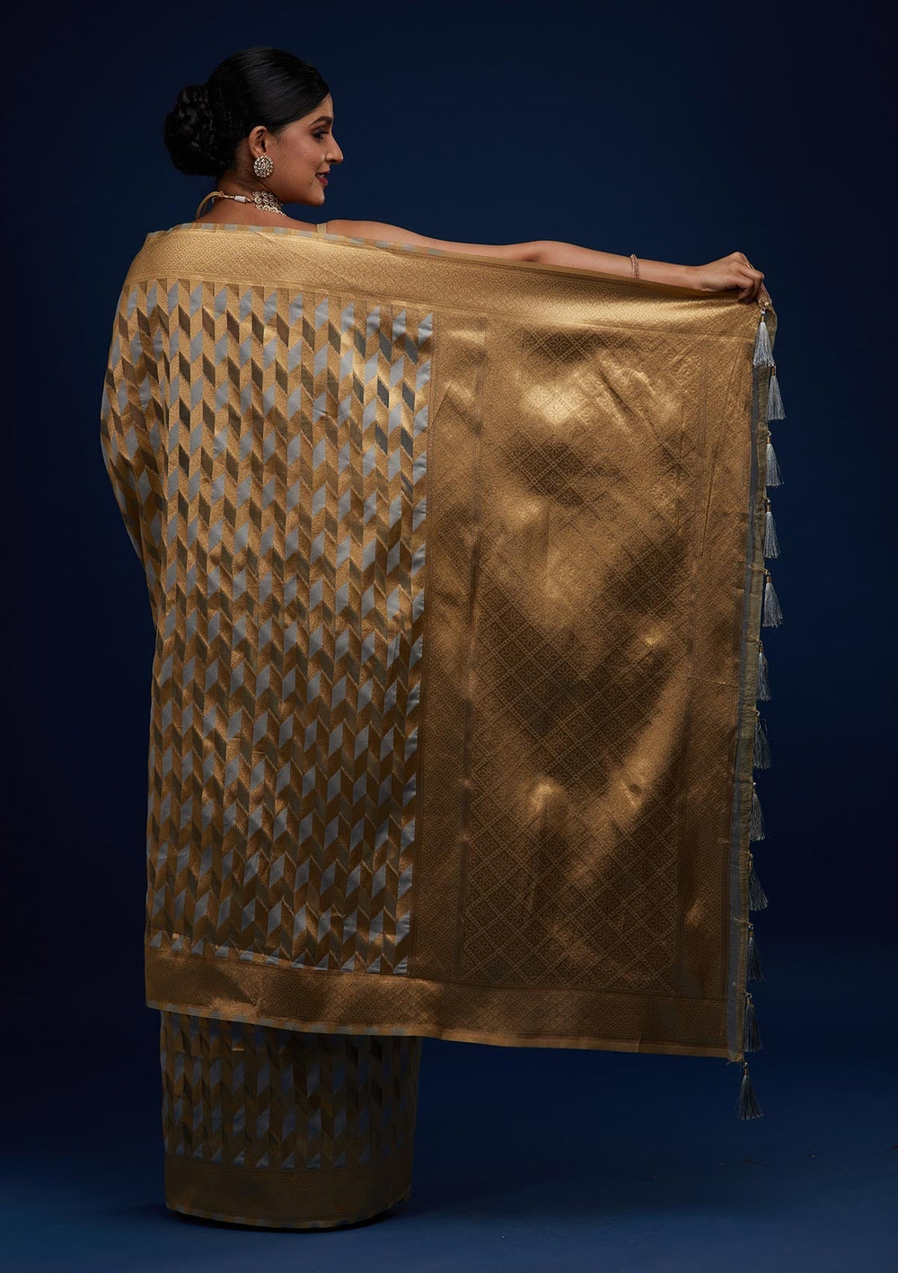 Light Grey Zariwork Art Silk Designer Saree - Koskii