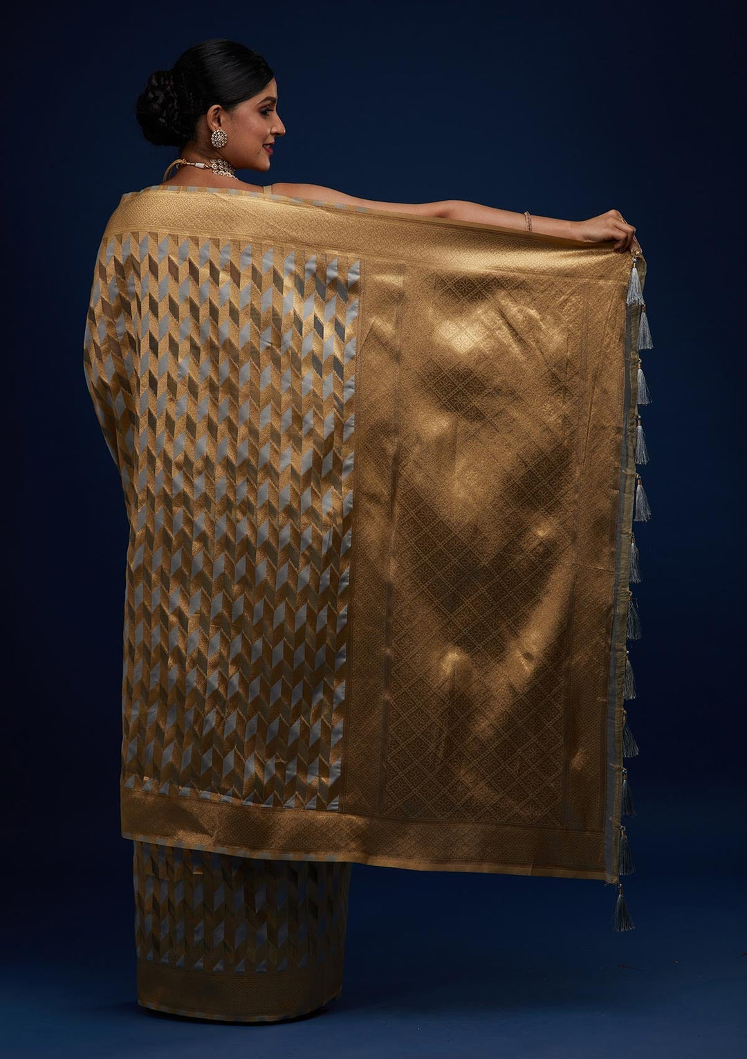 Light Grey Zariwork Art Silk Designer Saree - Koskii