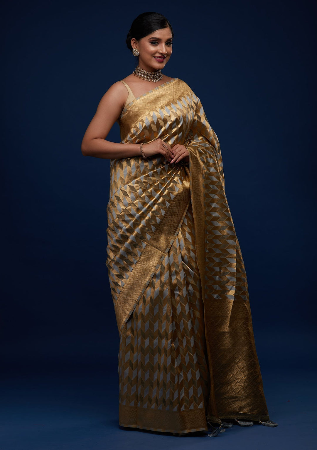 Light Grey Zariwork Art Silk Designer Saree - Koskii