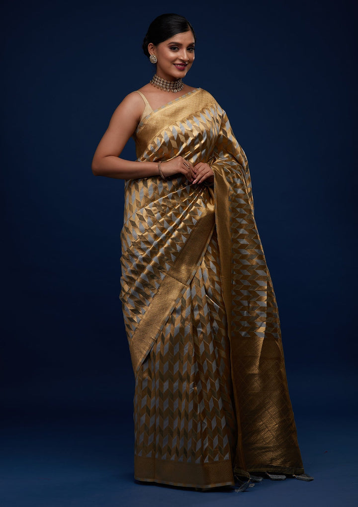 Light Grey Zariwork Art Silk Designer Saree - Koskii