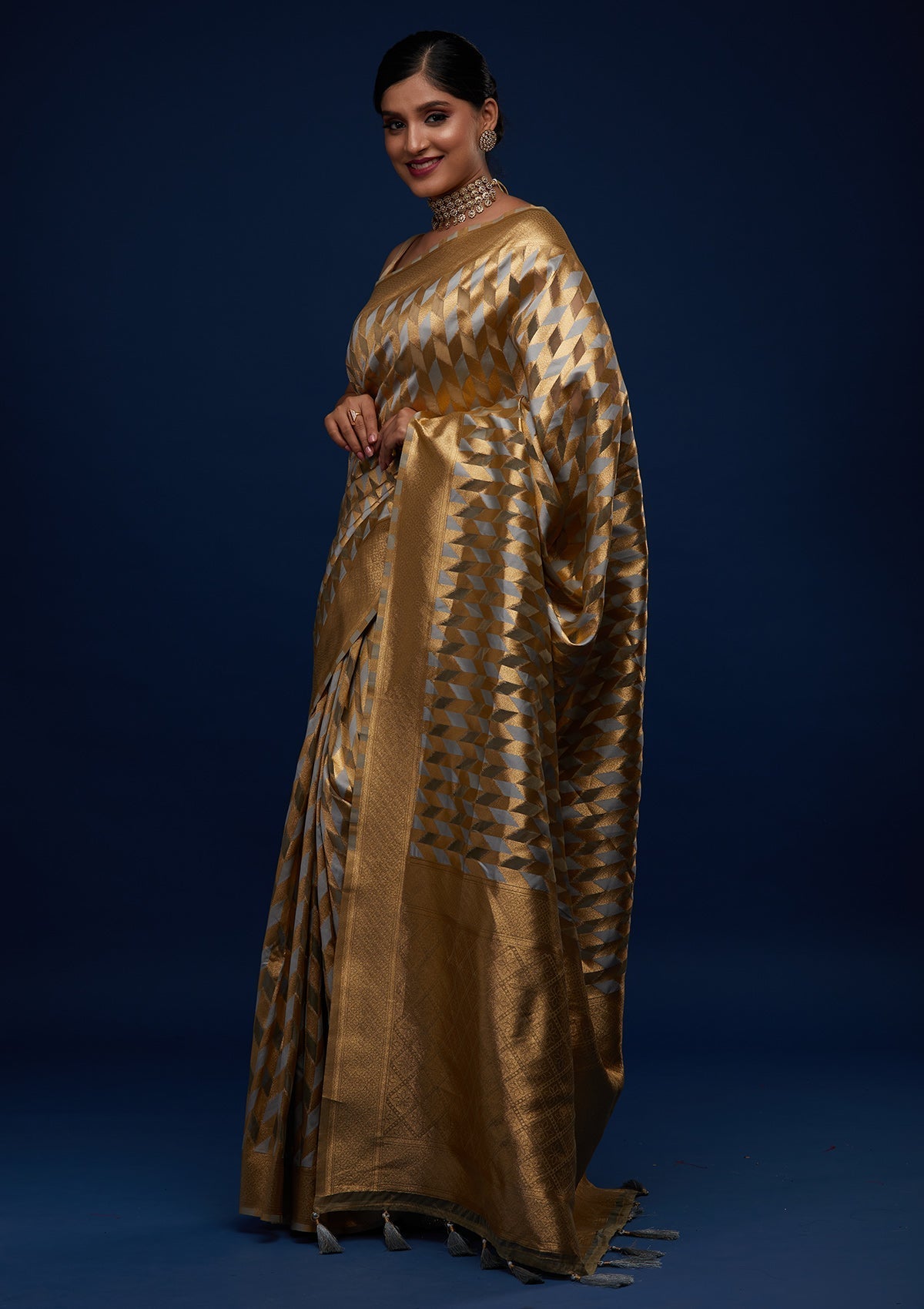 Light Grey Zariwork Art Silk Designer Saree - Koskii