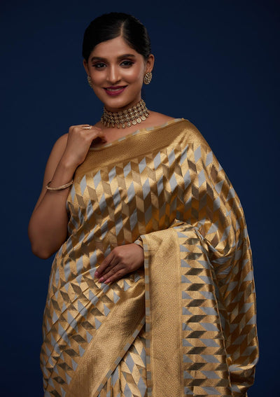 Light Grey Zariwork Art Silk Designer Saree - Koskii