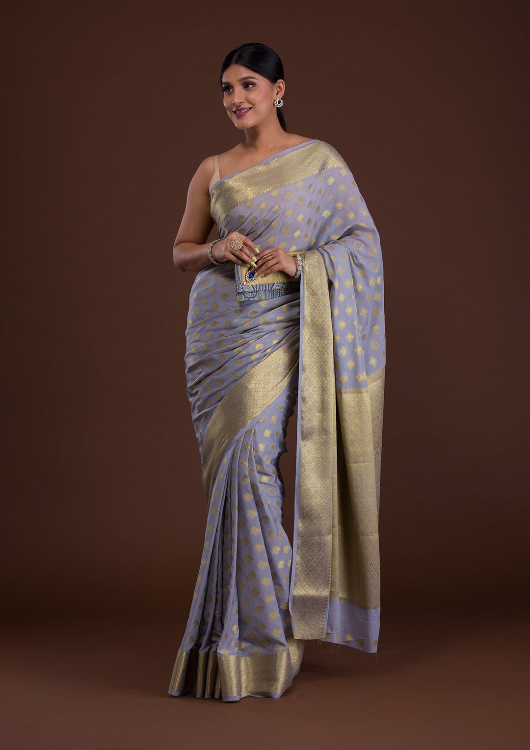 Light Grey Zariwork Art Silk Saree-Koskii