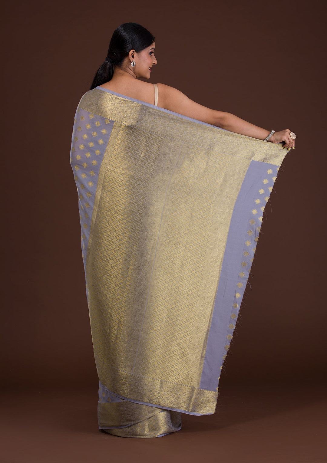 Light Grey Zariwork Art Silk Saree-Koskii