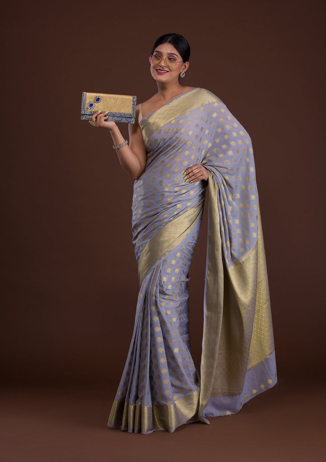 Light Grey Zariwork Art Silk Saree-Koskii