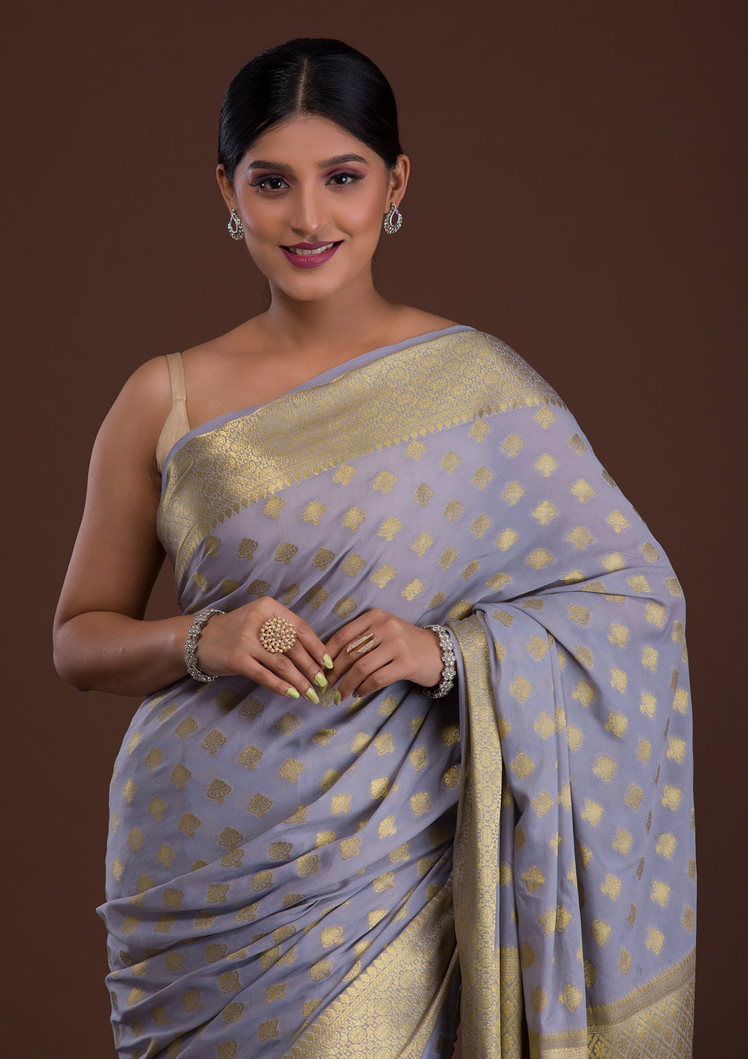 Light Grey Zariwork Art Silk Saree-Koskii