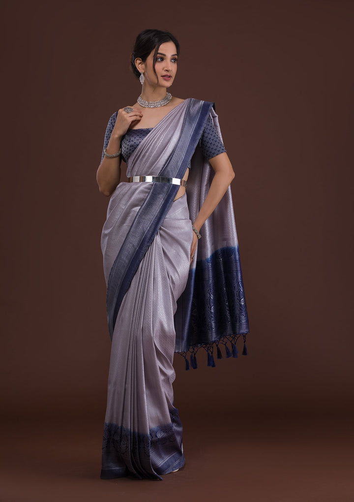 Light Grey Zariwork Art Silk Designer Saree-Koskii