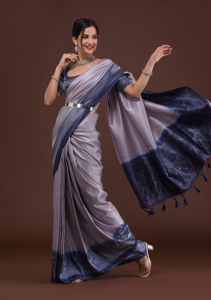 Light Grey Zariwork Banarasi Saree-Koskii
