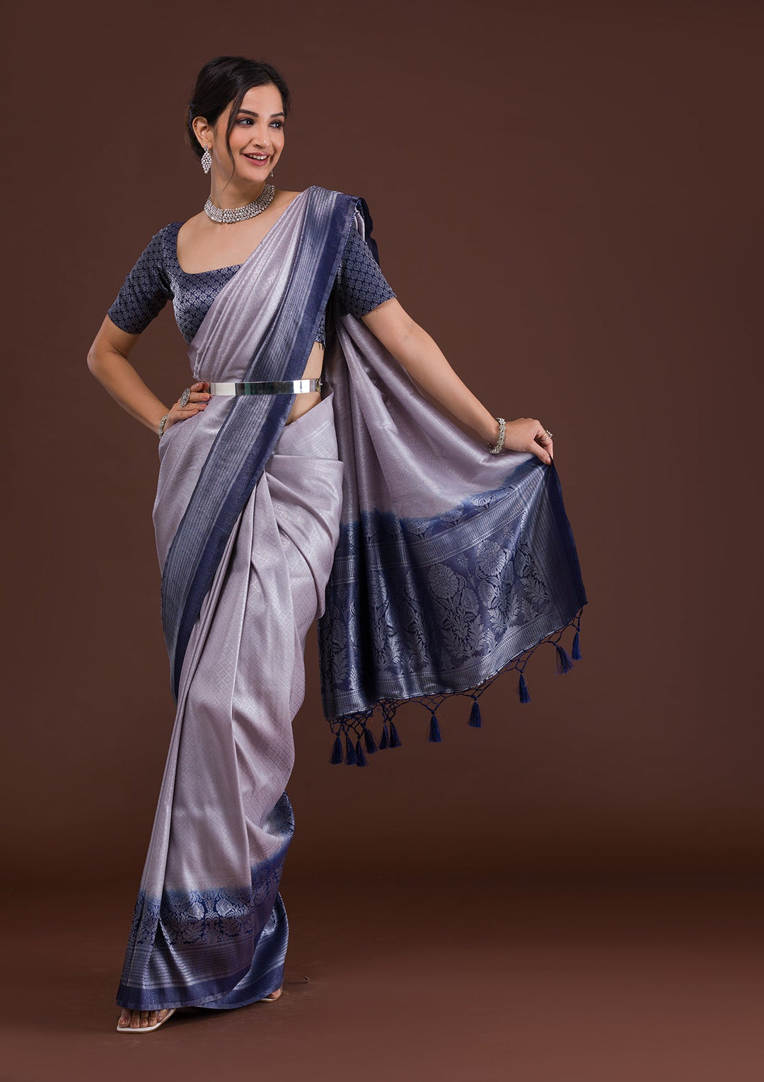 Light Grey Zariwork Banarasi Saree-Koskii