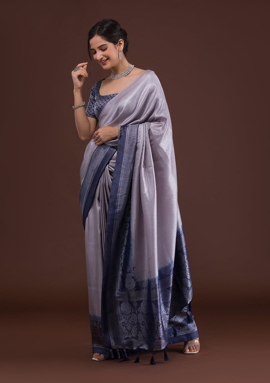 Light Grey Zariwork Banarasi Saree-Koskii