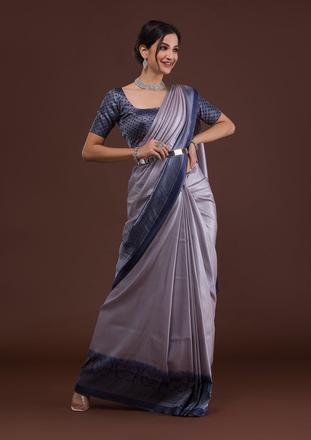 Light Grey Zariwork Banarasi Saree-Koskii