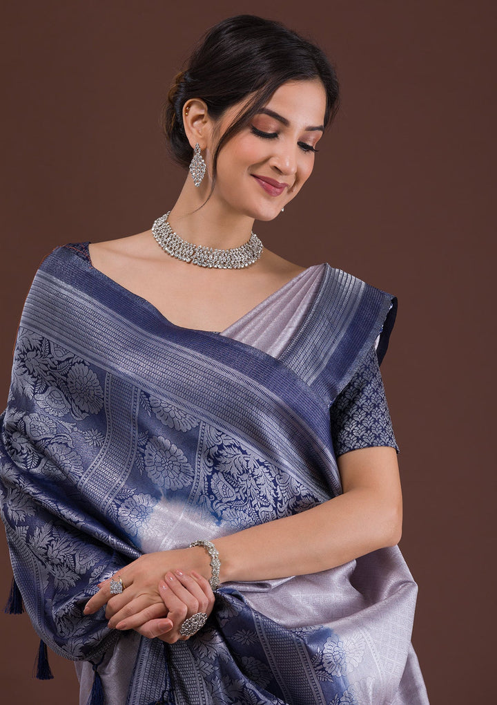 Light Grey Zariwork Banarasi Saree-Koskii