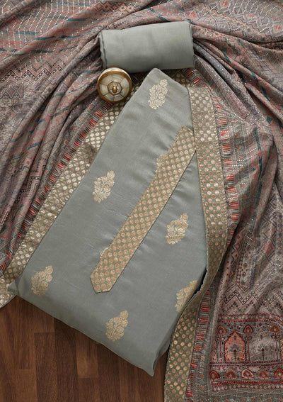Light Grey Zariwork Chanderi Semi-Stitched Salwar Suit-Koskii