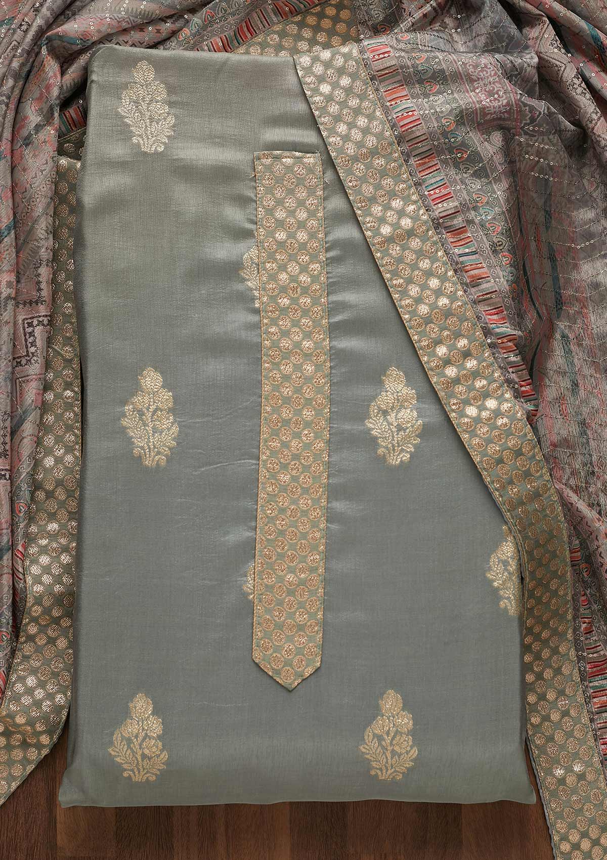 Light Grey Zariwork Chanderi Semi-Stitched Salwar Suit-Koskii