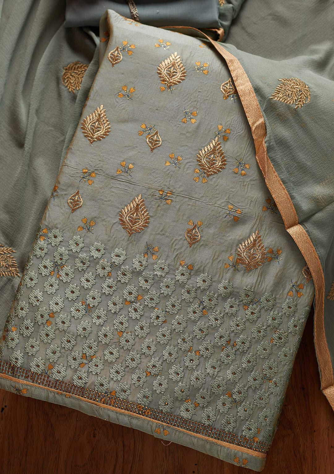 Light Grey Zariwork Chanderi Designer Unstitched Salwar Suit - koskii