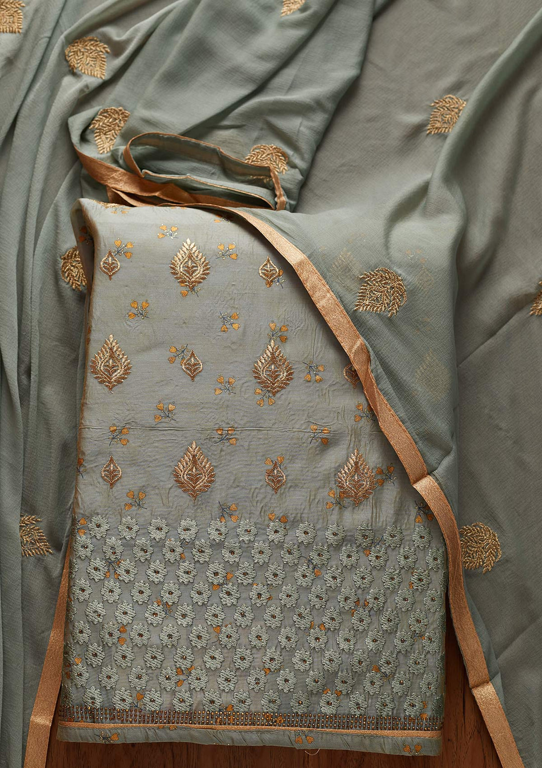 Light Grey Zariwork Chanderi Designer Unstitched Salwar Suit - koskii
