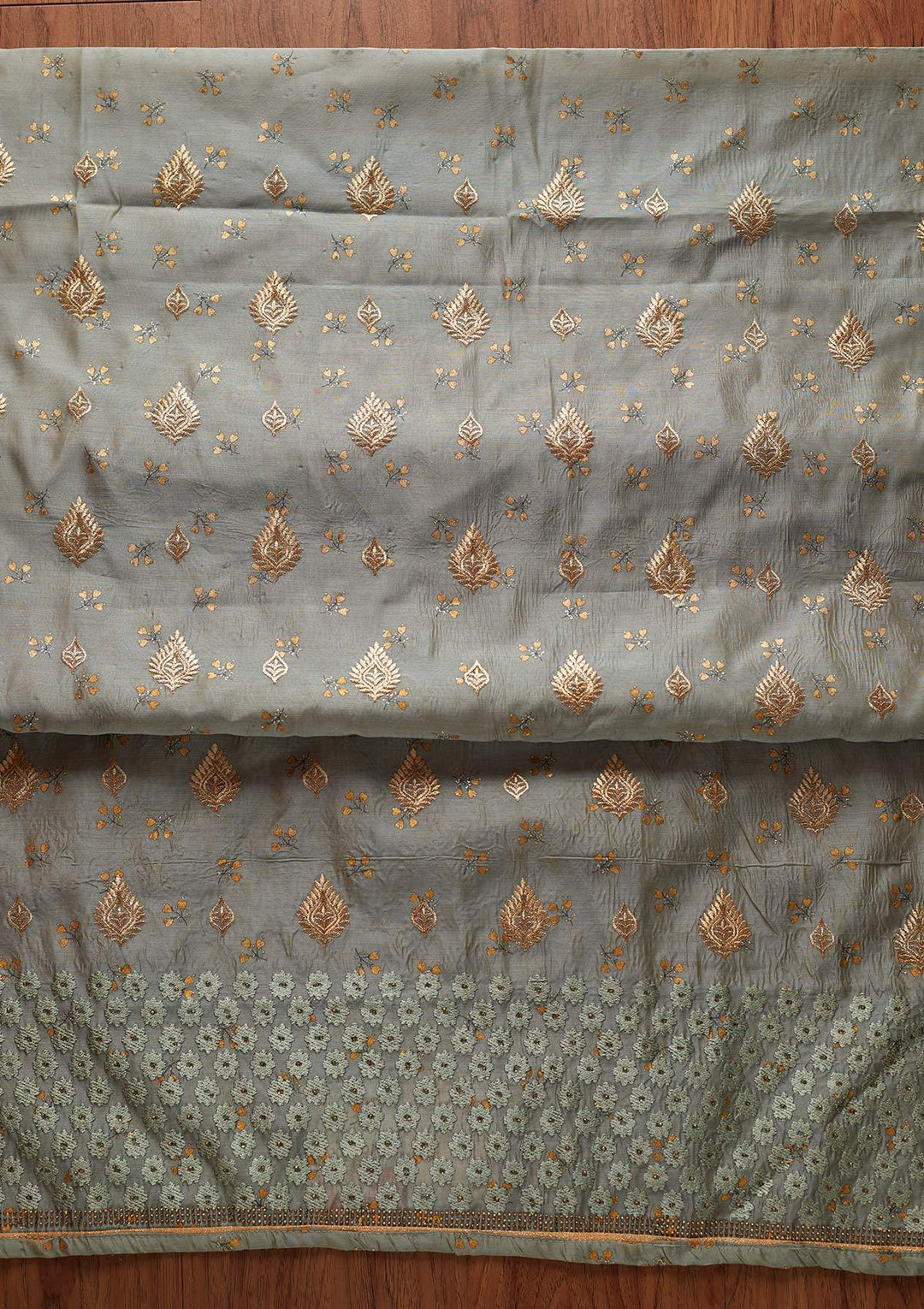 Light Grey Zariwork Chanderi Designer Unstitched Salwar Suit - koskii