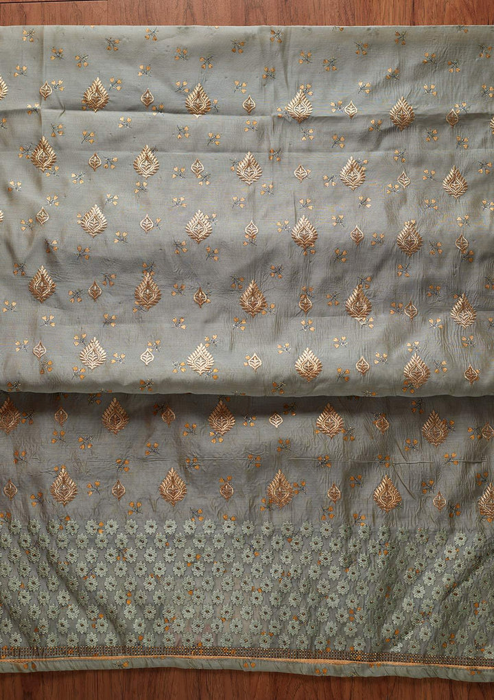 Light Grey Zariwork Chanderi Designer Unstitched Salwar Suit - koskii