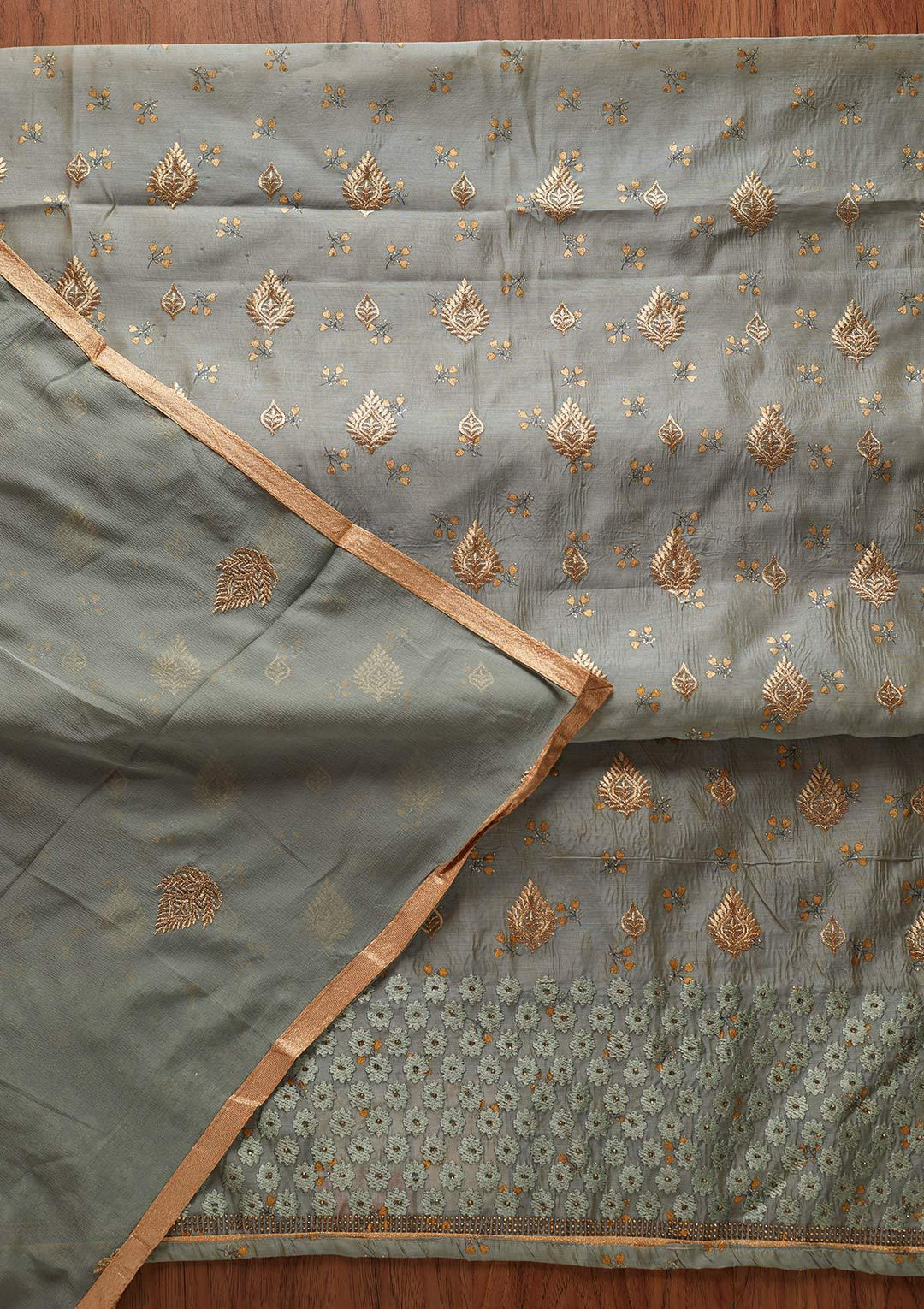 Light Grey Zariwork Chanderi Designer Unstitched Salwar Suit - koskii