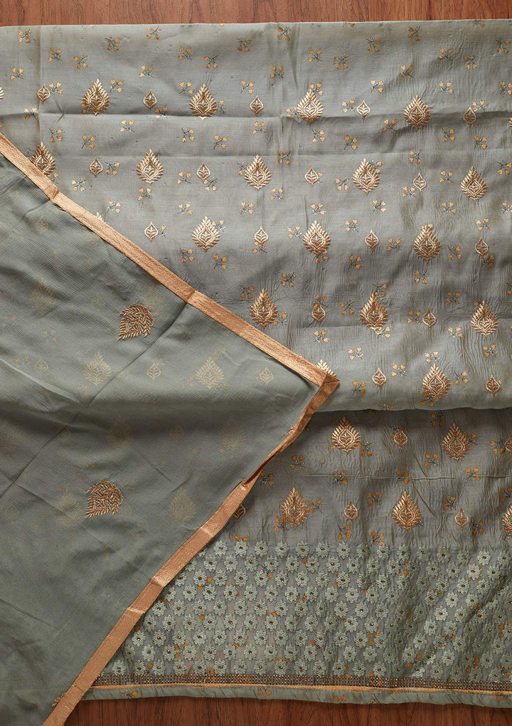 Light Grey Zariwork Chanderi Designer Unstitched Salwar Suit - koskii