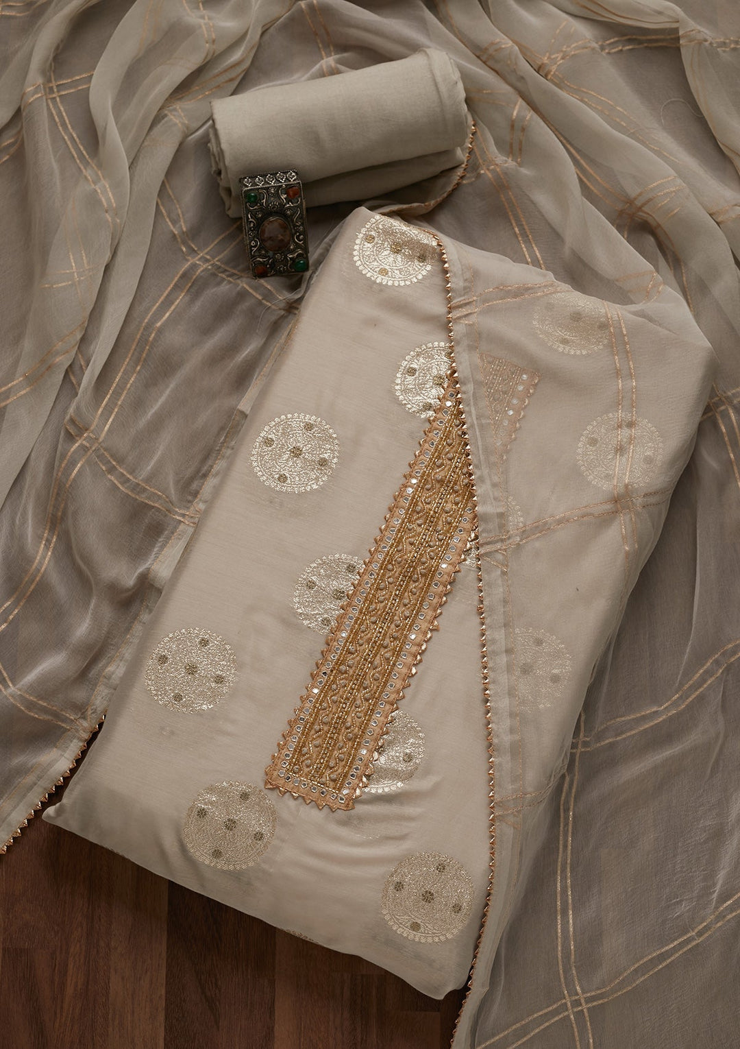 Light Grey Zariwork Chanderi Unstitched Salwar Suit- Koskii