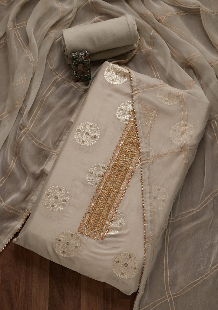 Light Grey Zariwork Chanderi Unstitched Salwar Suit- Koskii