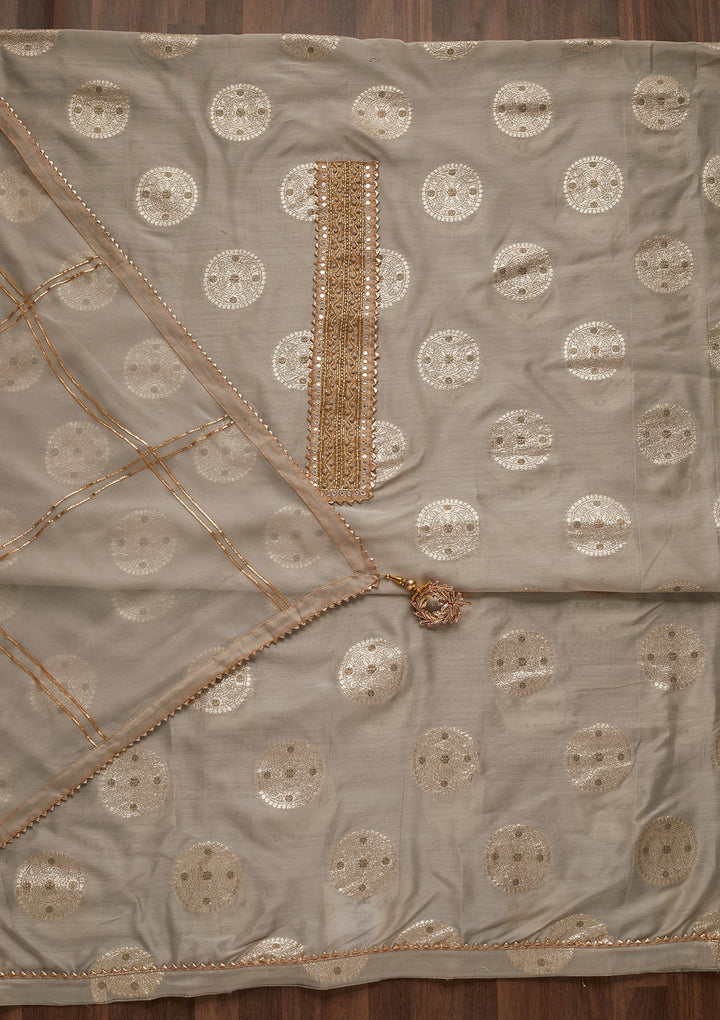 Light Grey Zariwork Chanderi Unstitched Salwar Suit - Koskii