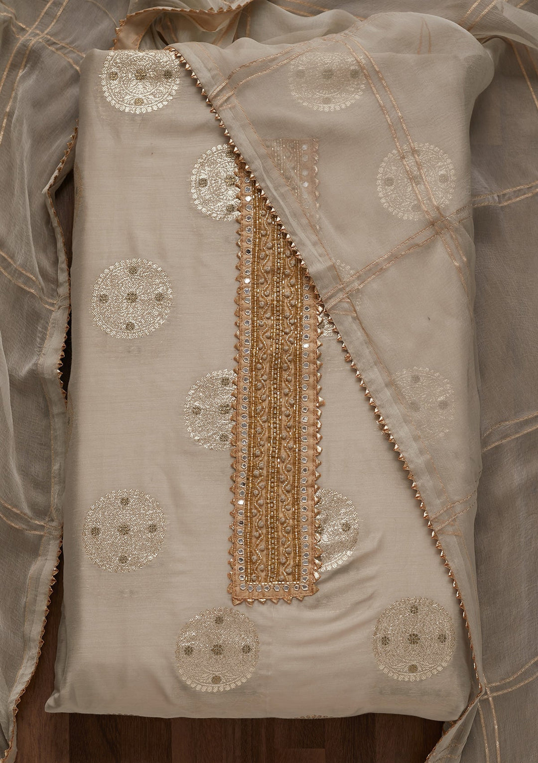 Light Grey Zariwork Chanderi Unstitched Salwar Suit - Koskii