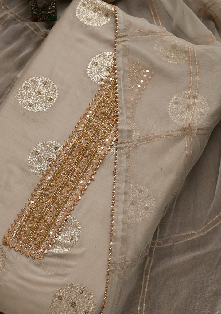 Light Grey Zariwork Chanderi Unstitched Salwar Suit - Koskii