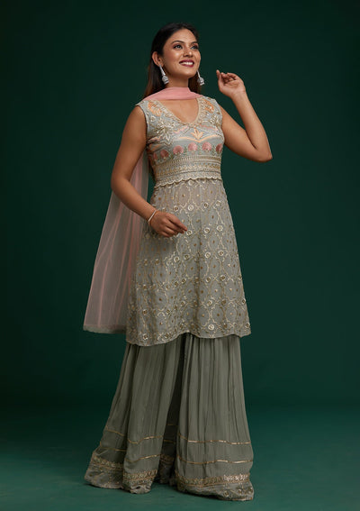 Light Grey Zariwork Georgette Designer Salwar Suit- Koskii