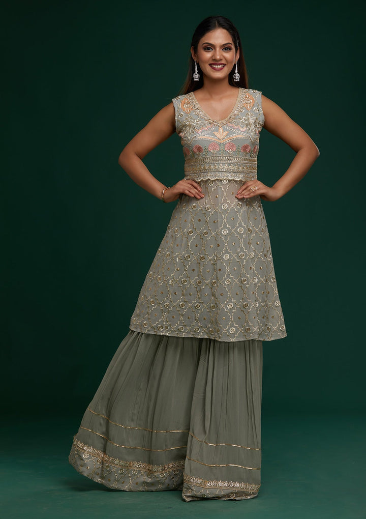 Light Grey Zariwork Georgette Designer Salwar Suit - Koskii