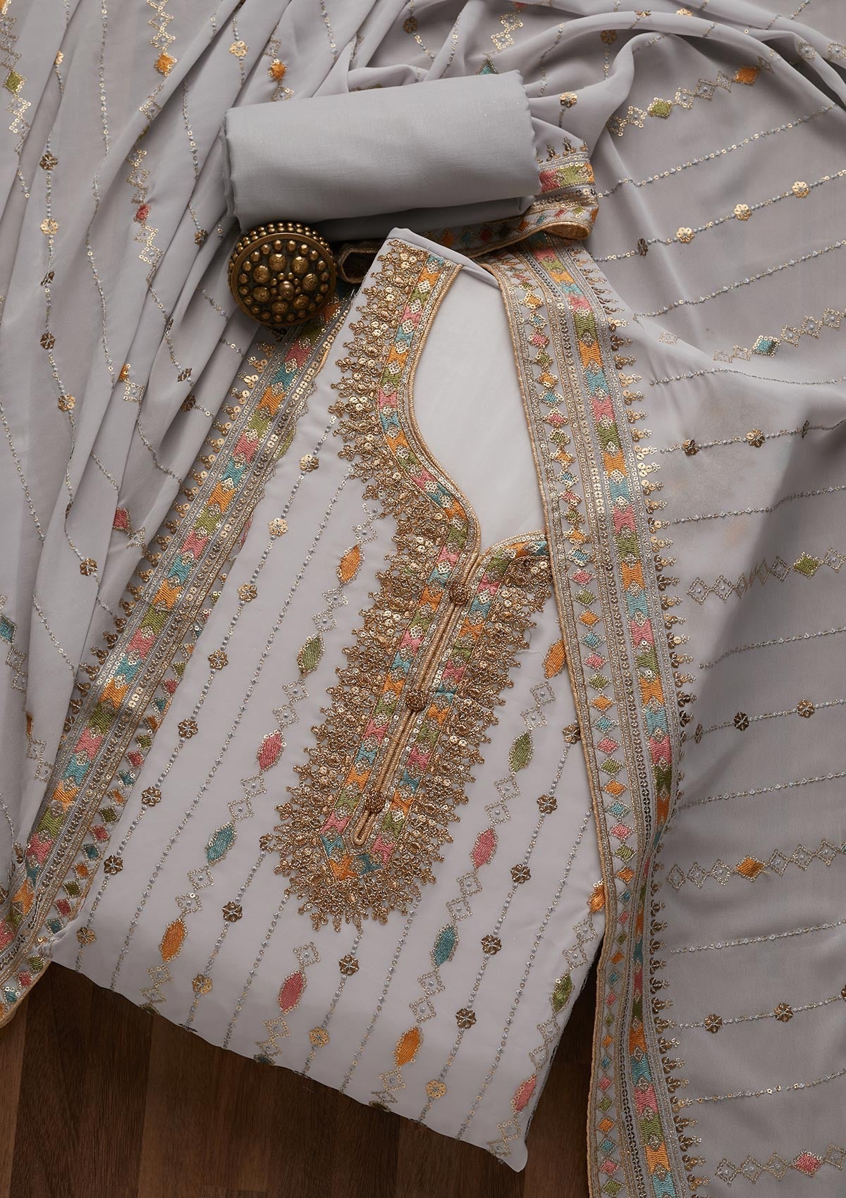 Light Grey Zariwork Georgette Semi-Stitched Salwar Suit- Koskii