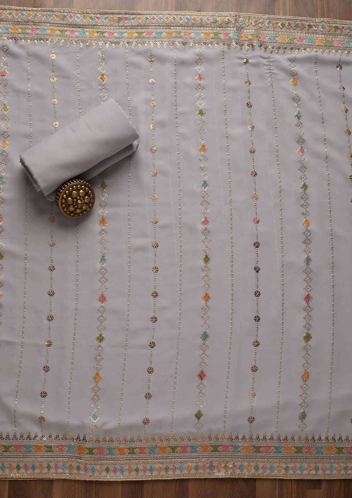 Light Grey Zariwork Georgette Semi-Stitched Salwar Suit - Koskii