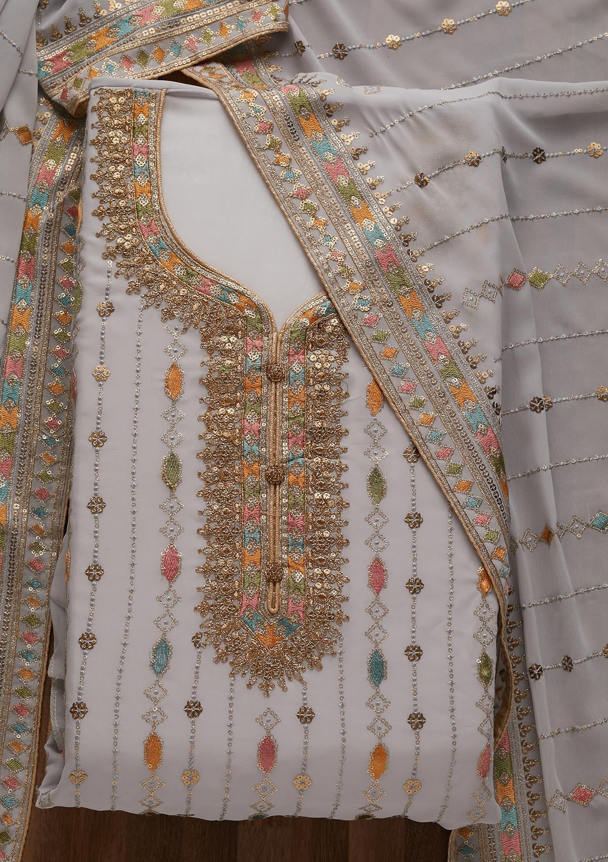 Light Grey Zariwork Georgette Semi-Stitched Salwar Suit - Koskii