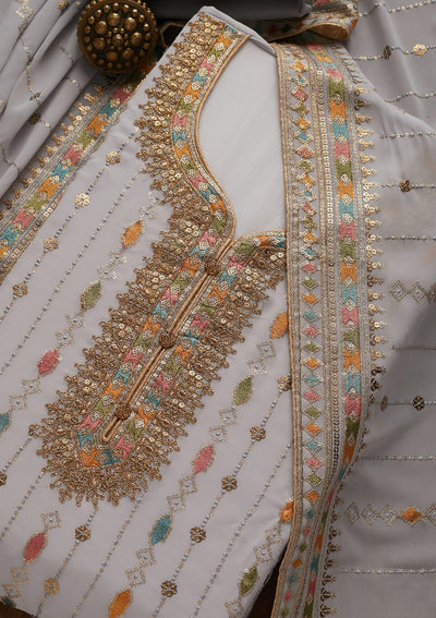 Light Grey Zariwork Georgette Semi-Stitched Salwar Suit - Koskii