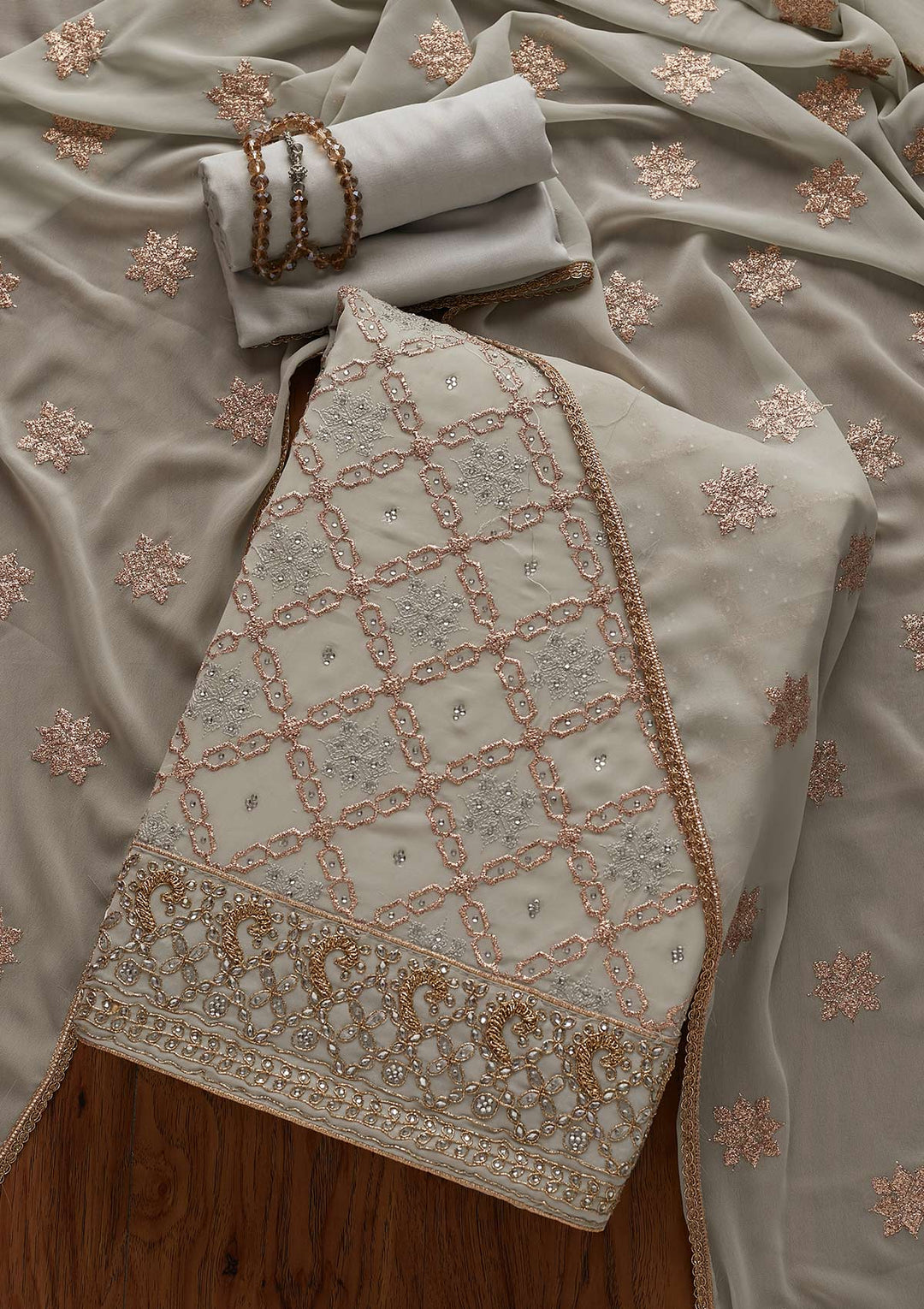 Light Grey Zariwork Georgette Designer Unstitched Salwar Suit - Koskii