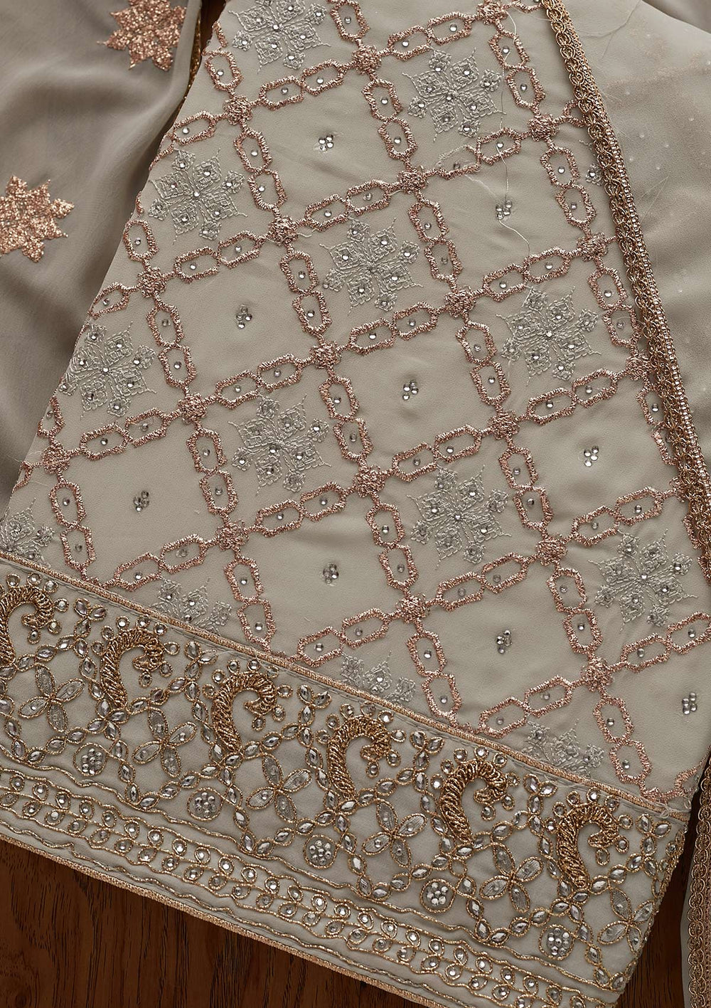 Light Grey Zariwork Georgette Designer Unstitched Salwar Suit - Koskii