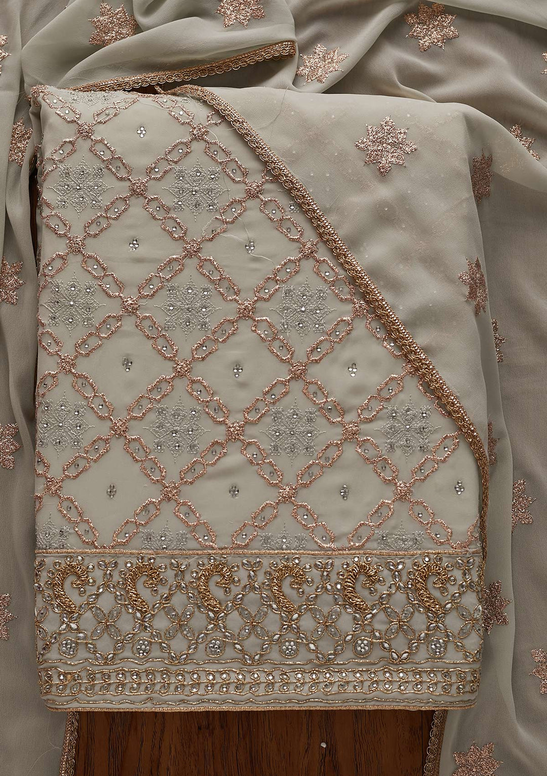 Light Grey Zariwork Georgette Designer Unstitched Salwar Suit - Koskii