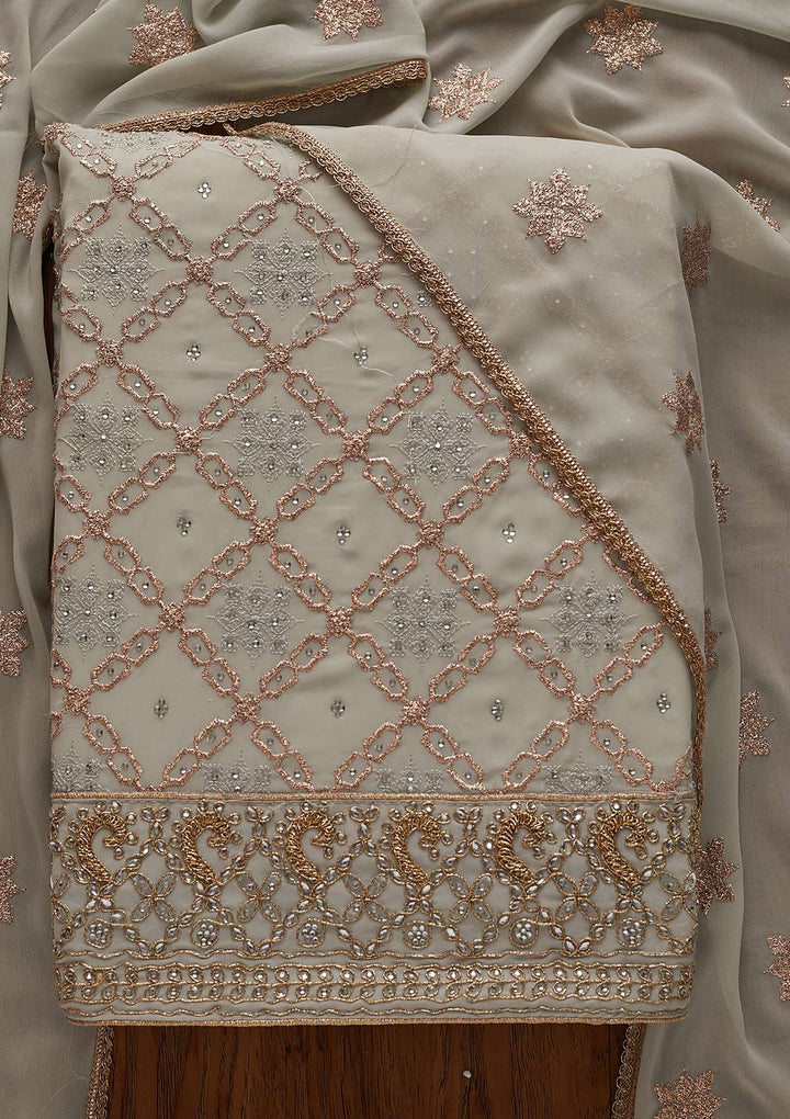 Light Grey Zariwork Georgette Designer Unstitched Salwar Suit - Koskii