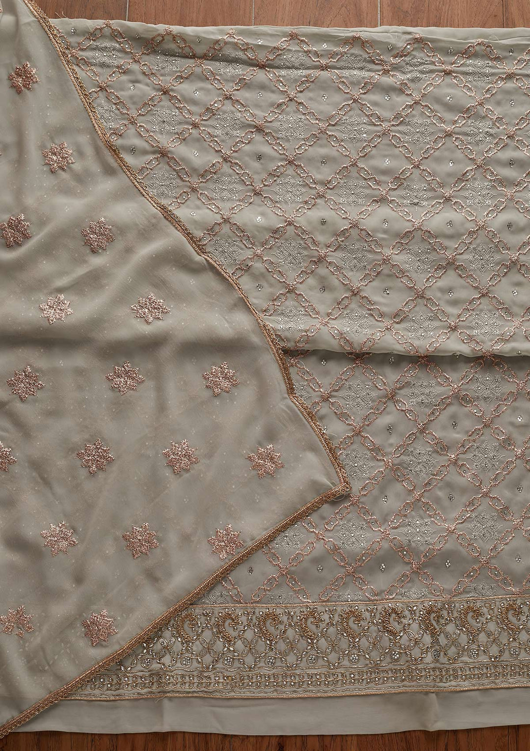 Light Grey Zariwork Georgette Designer Unstitched Salwar Suit - Koskii